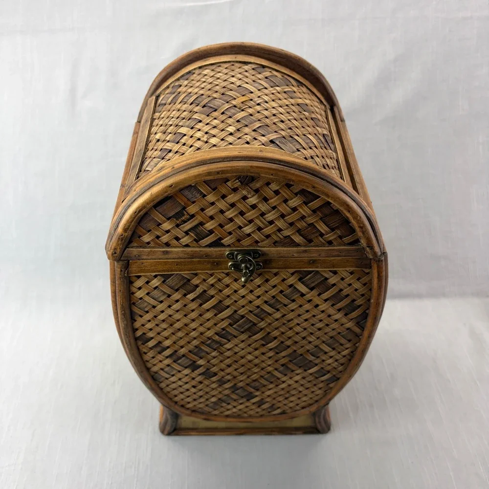 Vintage Wicker and Wood Storage Box Brown Boho Woven Latch Lid Decorative Brass